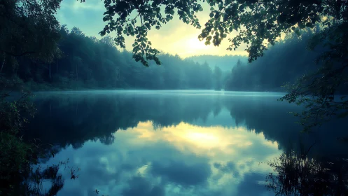 Misty forest lake reflects diffused sunrise in cool cyan tones