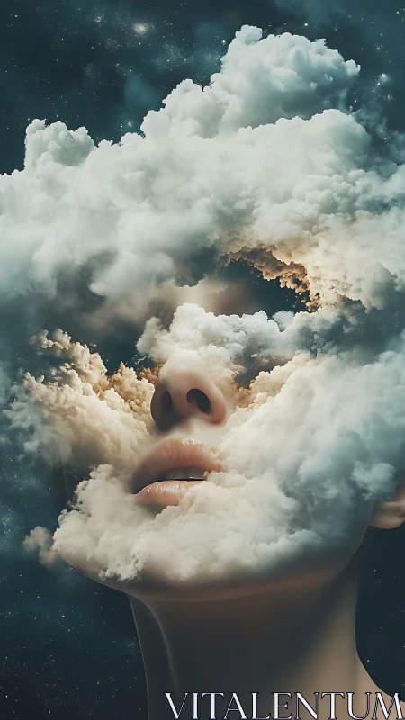 Cloud-dreamed visage drifts between cosmos and quiet skin