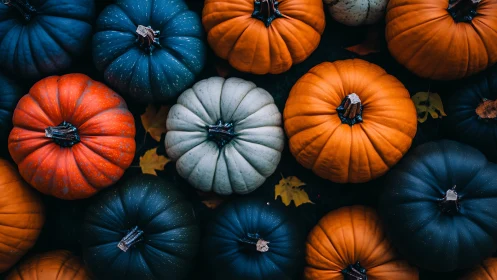 Colorful fall pumpkins arranged in a tight overhead pattern.