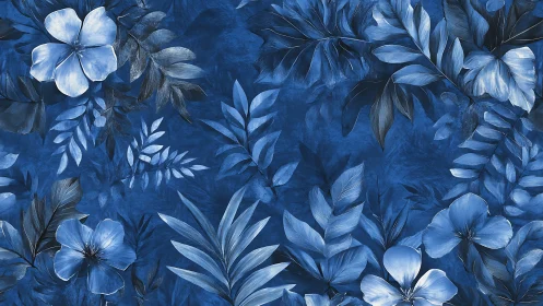 Monochrome blue floral foliage pattern fills the canvas