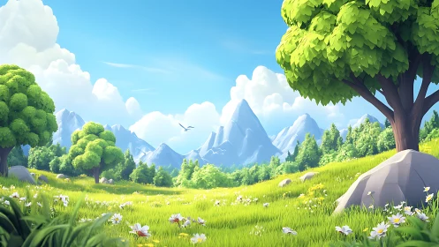 Lush alpine meadow under bright summer sky, stylized realism.