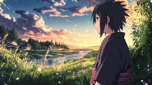 Quiet evening gaze over a peaceful riverside village