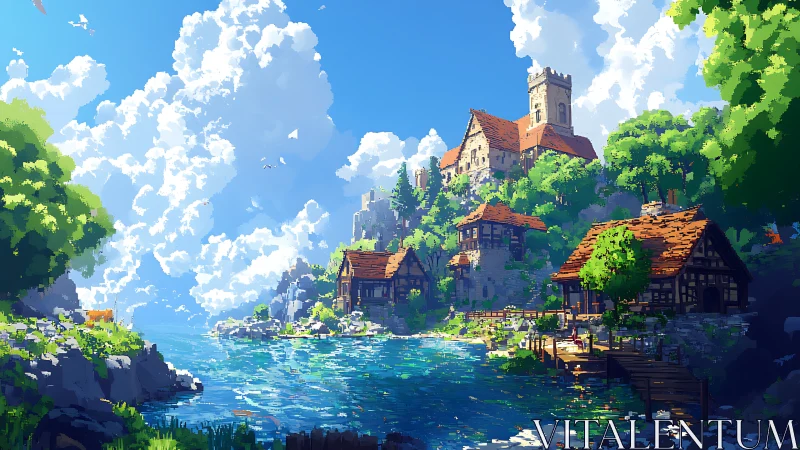 Fantasy village by water with castle tower and timber architecture.