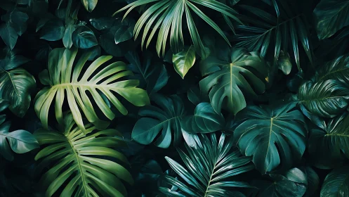 Overlapping tropical leaves form dense, layered green foliage