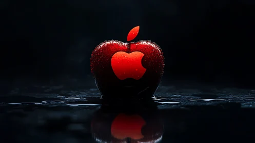 Glossy red apple merges with glowing tech logo in darkness.