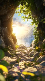 Sunlit cavern path opening onto a glittering coastal dreamscape.