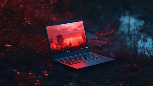 Open laptop illuminated by red bi-color dusk lighting outdoors