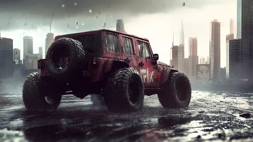 Lifted off-road SUV in rain-soaked urban construction skyline