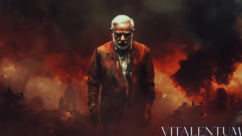 Stoic elder stands amid fiery apocalyptic ruins in silence.