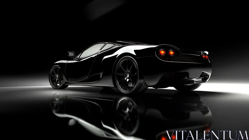 High-gloss black supercar rendered in dramatic rim lighting