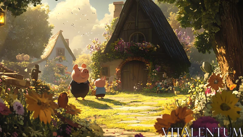 Pig family walks garden path toward flower-covered cottage