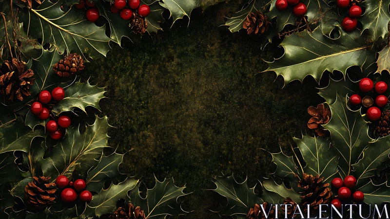 Holly leaves, red berries and pine cones framing dark background.