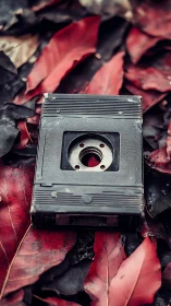 Vintage camera body on crimson leaf background.