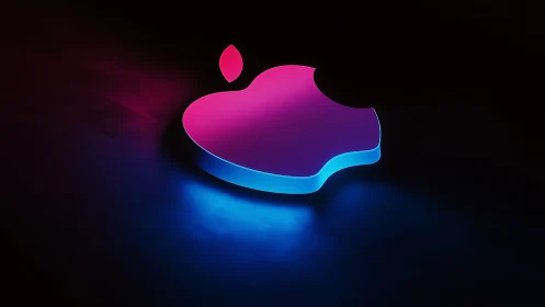 Neon gradient apple emblem with glowing rim on black floor.