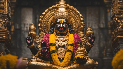 Photorealistic gilded Hindu deity sculpture in temple shrine.