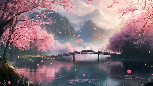Blossom-laden bridge pauses time beneath misty mountain