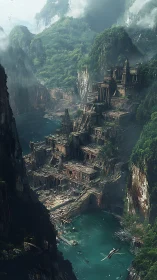 Ancient cliffside ruins above misty turquoise lagoon.
