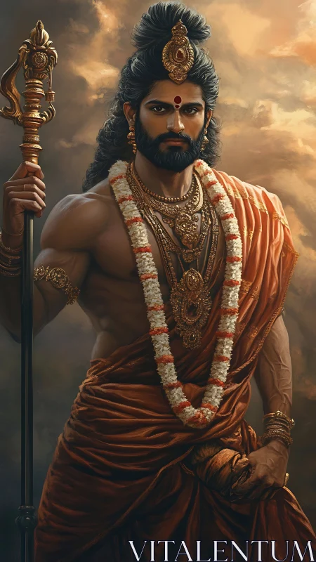 Warrior sage stands in divine light with regal intensity