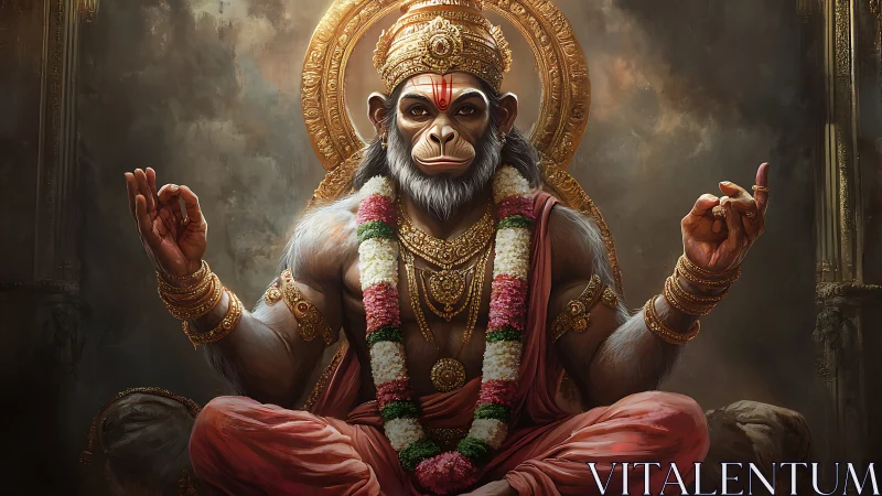 Digital Hanuman deity portrait with ornate jewelry and volumetric lighting