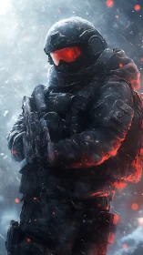 Heavily armed soldier stands in snow with red visor glow