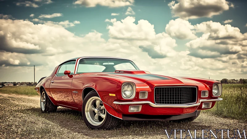 Vintage red muscle car on rural road under dramatic sky.