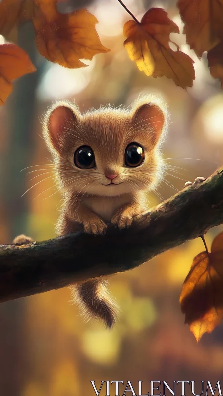 Small autumn mouse with large eyes on forest branch.