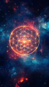 Geometric neon mandala glows against a detailed starfield