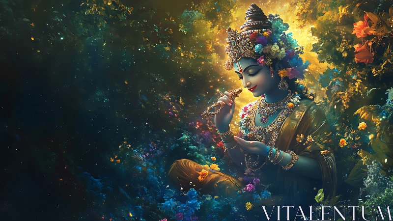 Divine blue deity in jeweled regalia amid luminous floral aura
