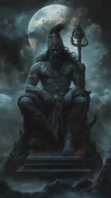 Moonlit warrior king seated in stormy celestial shadows.