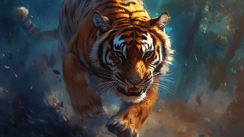 Kinetic frontal tiger charge in volumetric forest lighting.