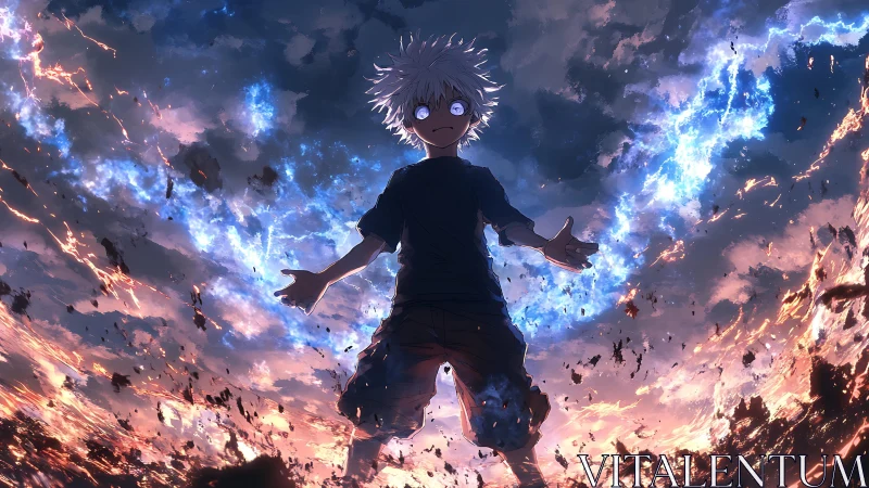 Electrified anime boy amid apocalyptic sky vortex eruption