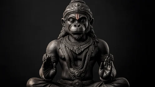 Dark-toned simian deity statue seated in meditative posture.