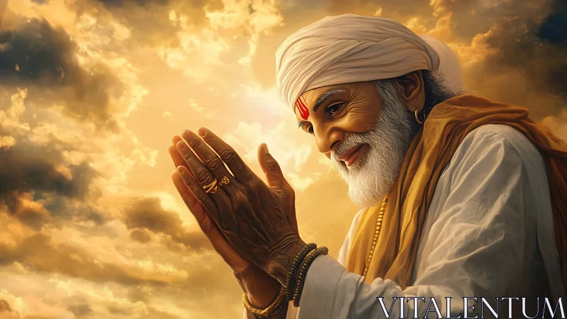 Elderly spiritual man praying under dramatic golden sky.