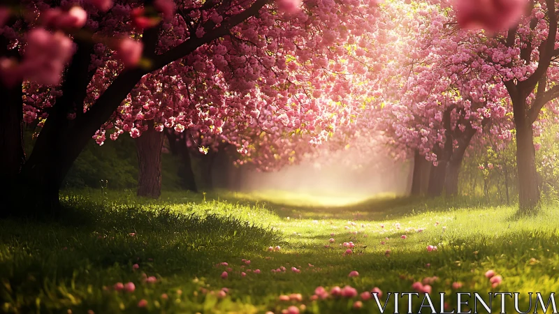 Sunlit path runs beneath dense pink blossom tree canopy