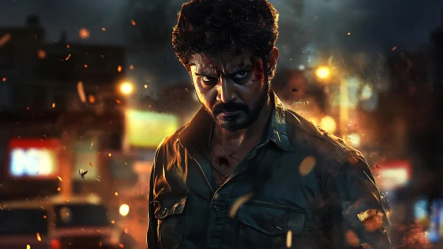 Battle-hardened vigilante glows in embers and neon storm.