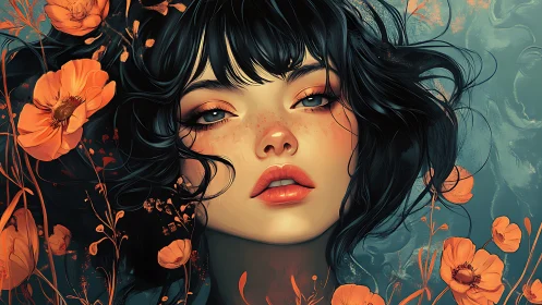 Freckled muse adrift in teal tides and ember-bright blooms.