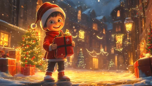 Smiling child holds Christmas gift in glowing snowy street.