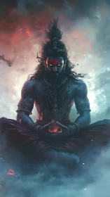 Storm-eyed cosmic yogi in burning twilight meditation.