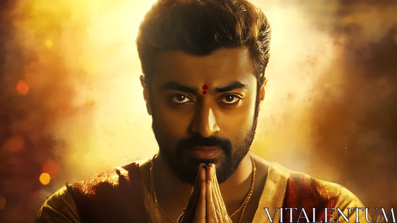 Cinematic close-up of praying man with warm volumetric backlight