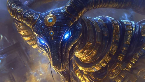 Celestial horned serpent priest forged in blue and gold fire.