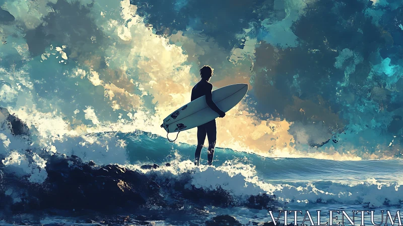 Surfer with board standing in turbulent coastal surf zone.