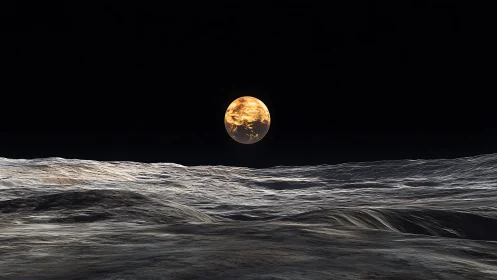 Lunar horizon unfolds beneath a glowing golden Earth.