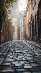 Cobblestone alleyway at dawn with soft atmospheric haze.