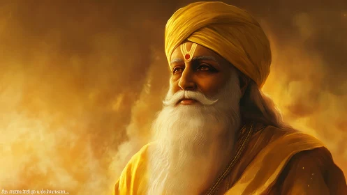 Elderly sage in saffron turban under radiant golden atmosphere.