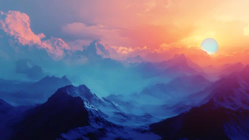 Celestial sunrise over neon misted alien mountain ranges.