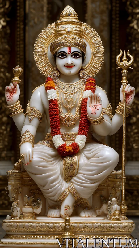 Marble deity idol with gold ornaments and floral garlands.