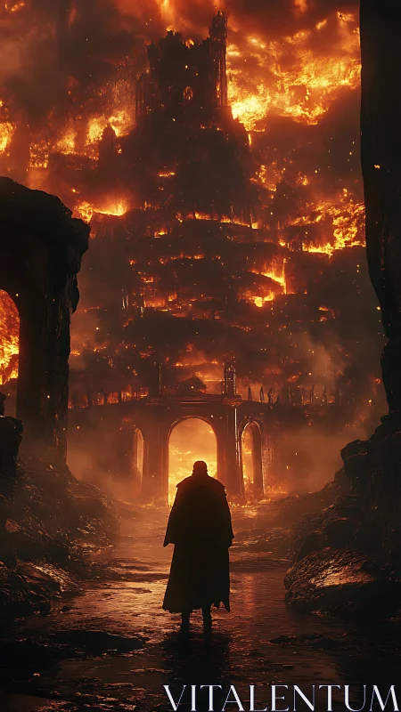 Lone wanderer stands before a burning infernal citadel.