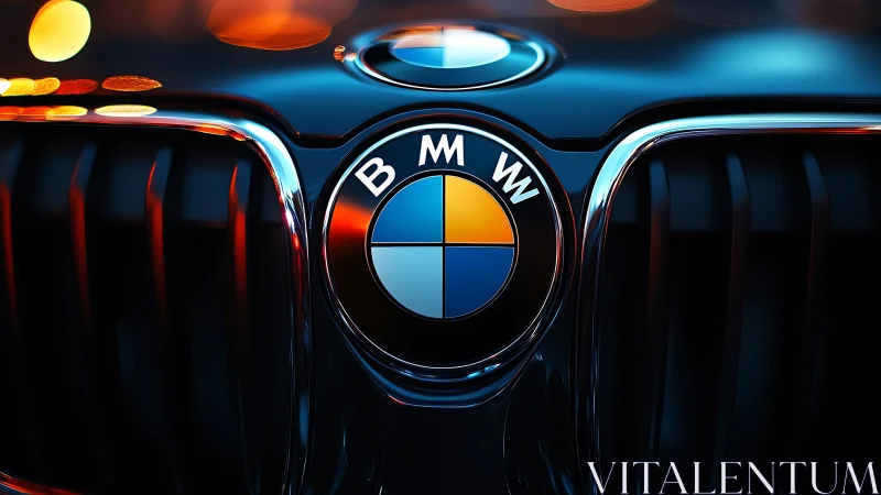 Midnight city lights reflected on a bold car emblem.