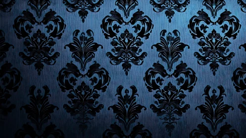 Moody blue damask pattern with softly glowing elegance.