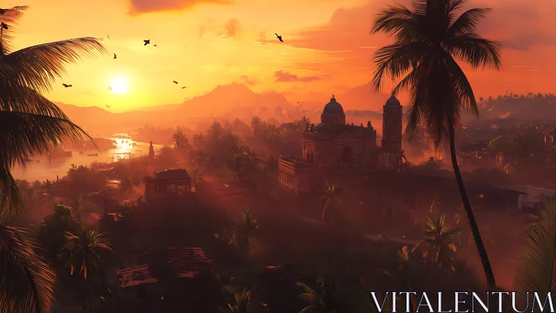 Digital tropical cityscape at sunset with cathedral silhouettes.